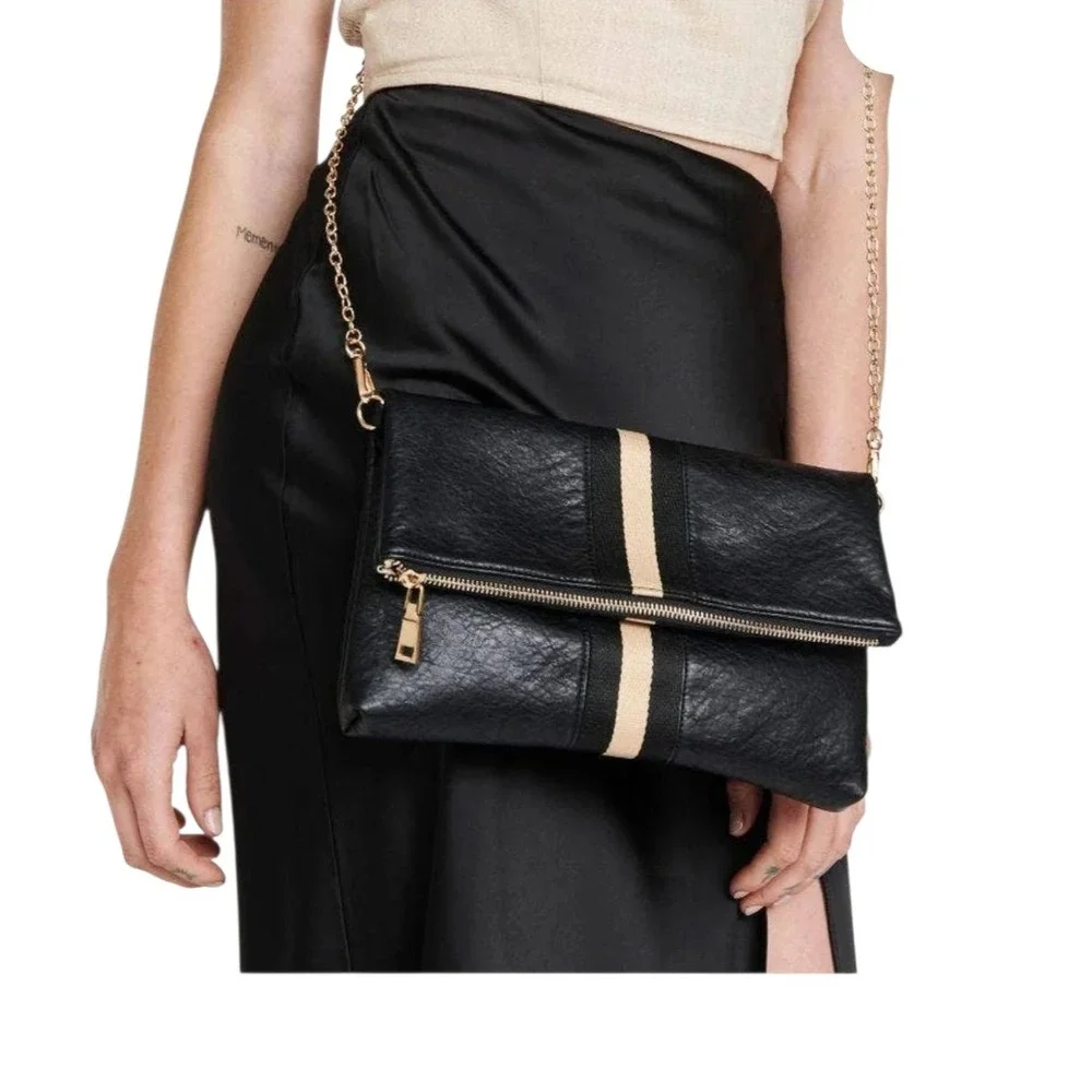 Glitzy Girlz Black Faux Leather Foldover Clutch Purse‎ with Gold Chain Strap